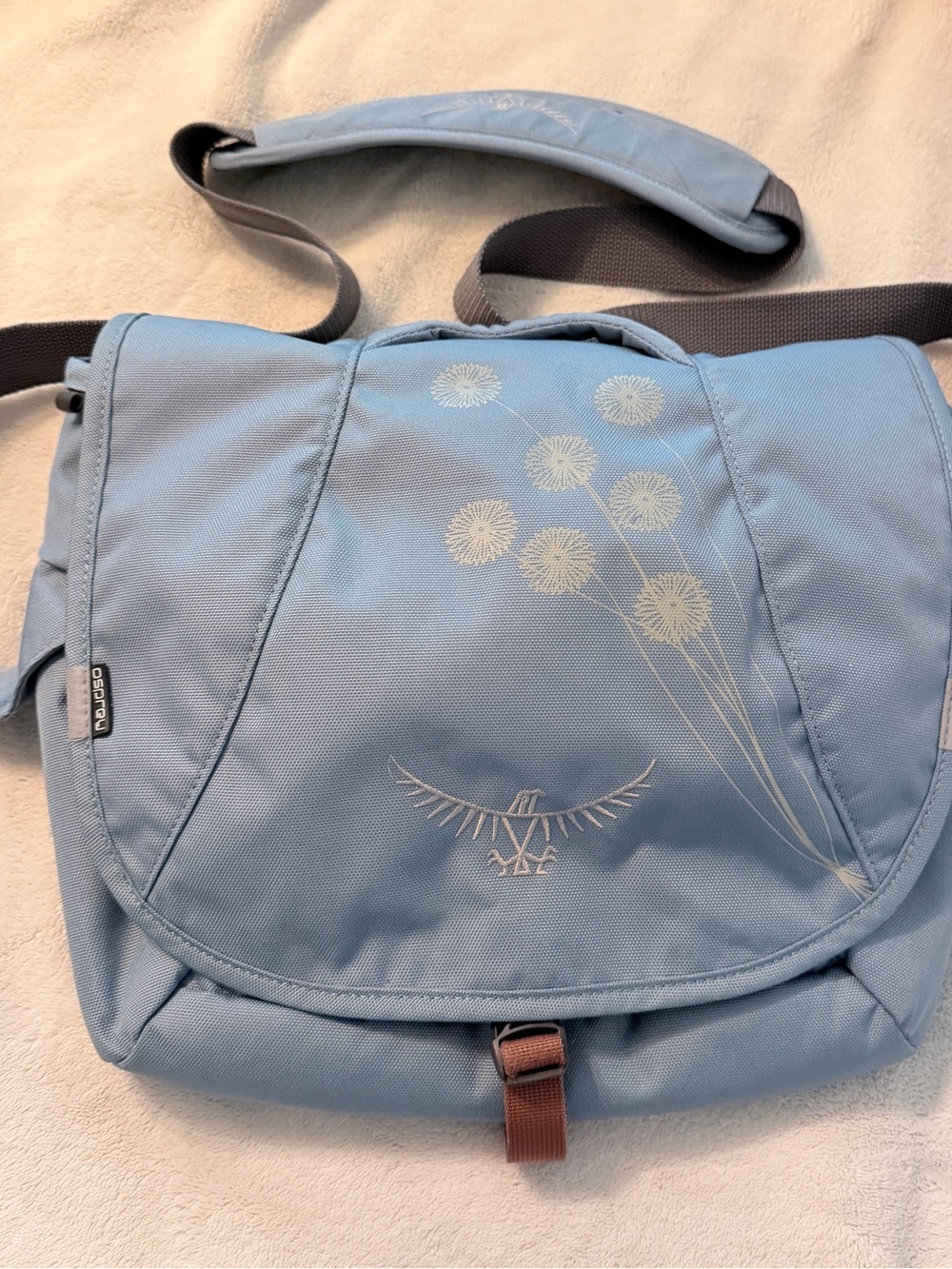 OSPREY Light Blue Sling Messenger Bag with Brown Strap